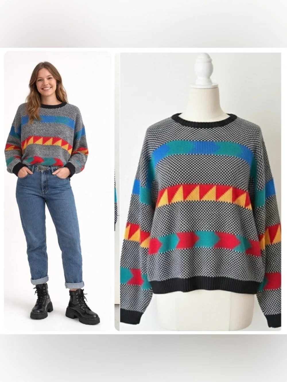 Vintage 80s 90s Southwestern Geometric Graphic Knit Sweater Adele Made USA Sz XL